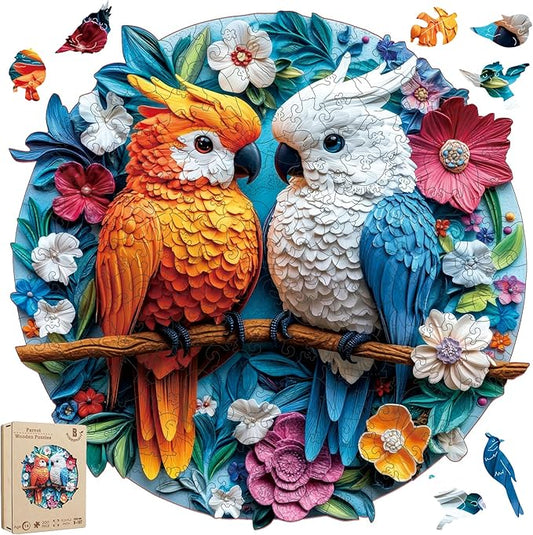 Wooden Puzzles for Adults, Round Parrots 200 Pieces-5MM Thickness,Bird Jigsaw Puzzles, 11.2 x 11.2 Inch,Unique Shaped Colorful Bird Puzzle Family Game Gift for Adults and Kids