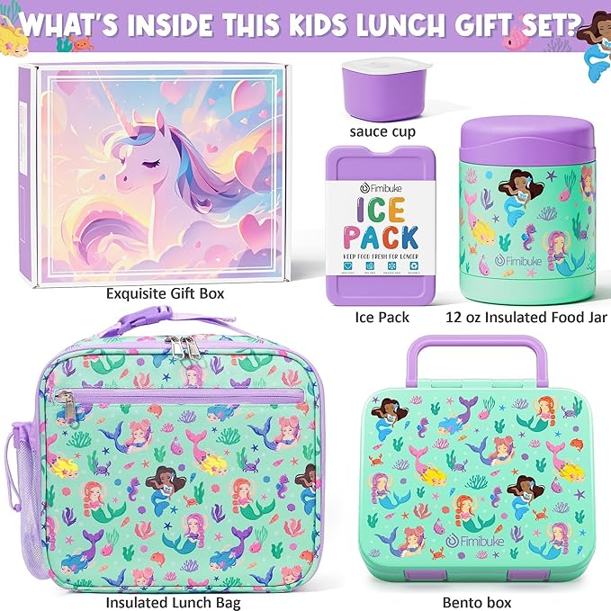 Fimibuke Bento Lunch Box for Kids with Thermos, 3-Compartment 32OZ Snack Lunch Container, Lunch Bag, 12OZ Insulated Food Jar & Ice Pack Set for Age 3-12 School Daycare Toddler Teen Girls Boys, Mermaid