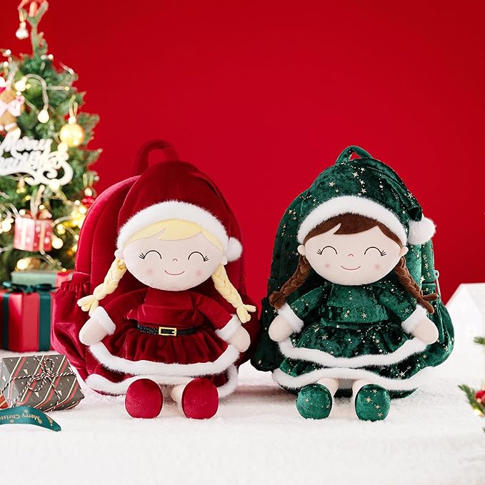 Gloveleya Plush Backpack Toddler Backpack Removable Doll and Backpack Baby Girl Gifts for 2 to 8 Years Girl Birthday Gifts with Green Doll 11”