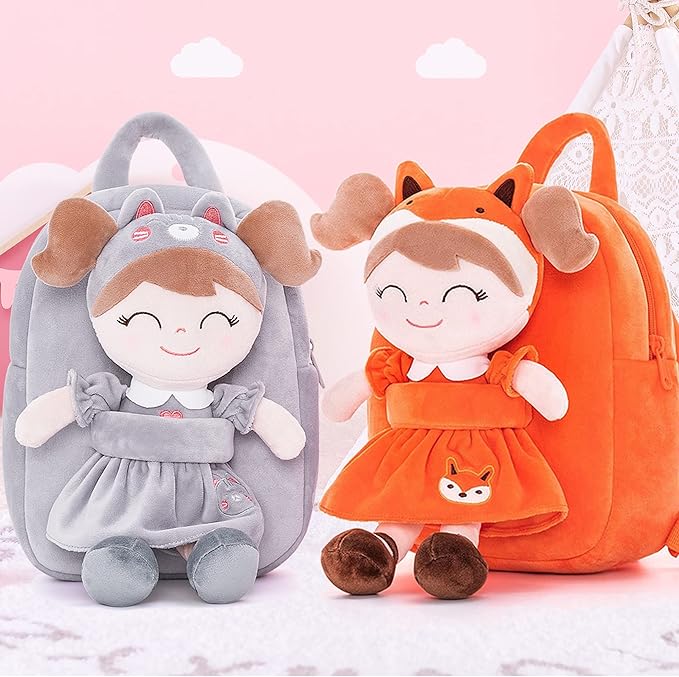 Gloveleya Back to School Gifts for Girls Cat Backpack Toddler Backpack Soft Plush Backpacks with Plush Doll Gray