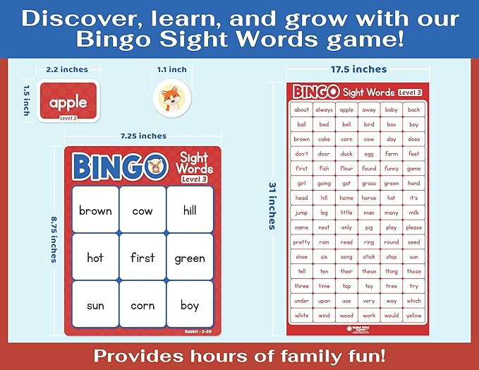 Sight Words Bingo Game for Kindergarten, Learn to Read Sight Word Cards, Word Games for Kids Ages 4-8, Bingo Sight Words Level 3&4