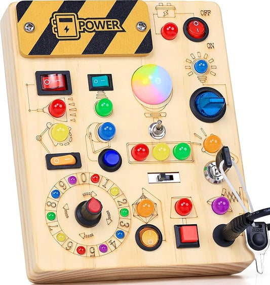 RichBoy Busy Board for 1-3 Year Old, 37 in 1 LED Light Up Wooden Sensory Montessori Switch Board Toy for Toddlers Travel Gift (6.7" x 5.3")