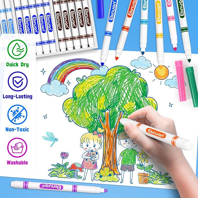 200 Count Washable Markers Bulk, 10 Assorted Colors, Fine Line Colored Marker with Conical Tip, Washable Markers for Kids, School Art Supplies, Classroom Essentials for Students Teachers