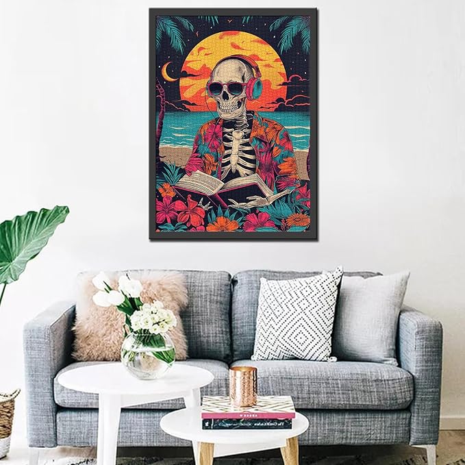 Tucocoo Skeleton Headphones Head Jigsaw Puzzle 1000 Pieces Puzzles for Adults, Reading a Book Beach Chic Style Flowers Art Puzzles for Challenging Family Activity Games DIY Puzzle for Home Decor Gift