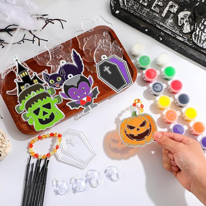 Yaomiao 30 Sets Halloween Suncatchers Window Art Kits DIY Pumpkin Ghost Suncatcher Crafts Bulk Paint Your Own Window Hanging Ornaments for Boys Girls Home Class Birthday Halloween Party Favors Gifts