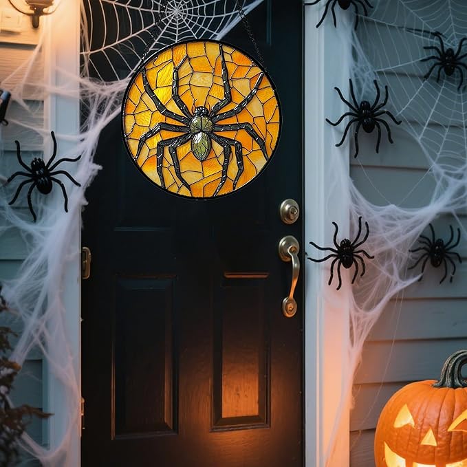 Stained Glass Window Hanging - Halloween Decorations Black Spider Suncatcher for Doors Garden Indoor Spooky Funny Sun Catchers Gothic Decor Horror Gifts for Women Men Friend 15 in