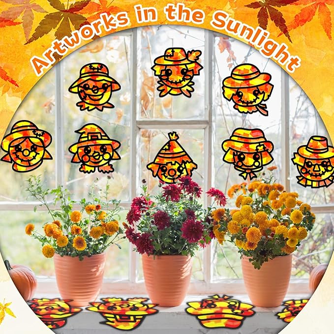 QOUBAI 32 Sets Fall Scarecrow Suncatchers Craft Kit DIY Window Stained Glass Effect Autumn Scarecrow Paper Crafts Home School Classroom Decoration Kid Birthday Gift Creative Art Project Activity Game