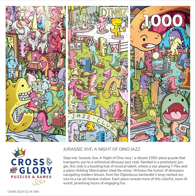 Cross & Glory - Jurassic Jive: A Night of Dino Jazz - 1000 Piece Jigsaw Puzzle for Adults & Kids 12+ & Kids | Whimsical Prehistoric Jazz Club Theme with Colorful Dinosaurs