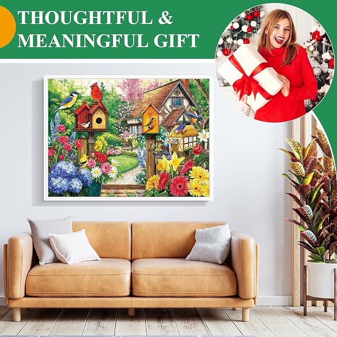 300 Piece Puzzles for Adults, Garden Birds Birdhouse Village Puzzle for Adults Kids Seniors,Large Piece Funny Puzzle for Kids Ages 8-10 10-12,Flowers House Puzzles Perfect for Game Nights,20.5x15 in