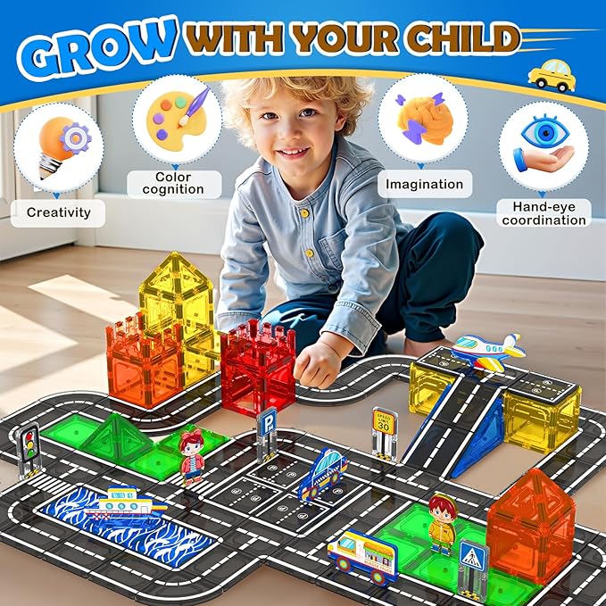 112PCS Magnetic Tiles Road Set with Vibrant Color & Ultra Magnet Strength, City Road Building Blocks Construction Toys for Toddlers Kids Ages 3-12, Creative Gifts STEM Toys for 3+ Years Old Boys Girls