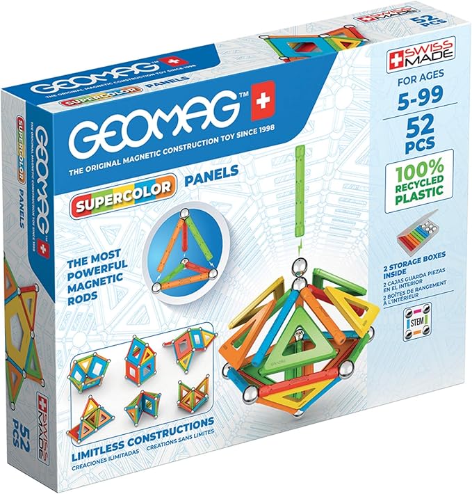 Geomag Magnetic Toys | Magnets for Kids | STEM-endorsed Educational Building Set | 100% Recycled Plastic Supercolor Panels | Storage Box | 52-Pieces | Age 5+