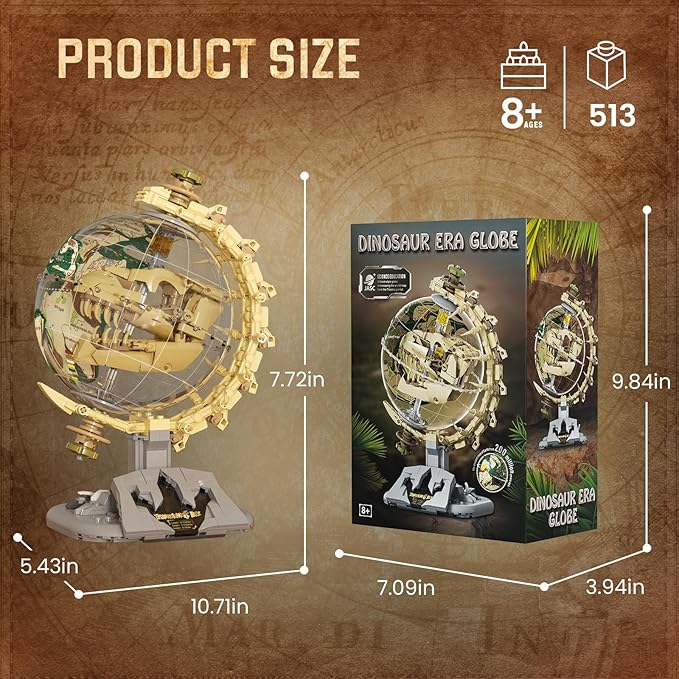 Dinosaur Skull Fossils Globe Building Set,360° Rotatable Globe Display Model with LED Light,STEM Skeleton Model Educational Toy, Gifts for Boys and Girls Ages 8+