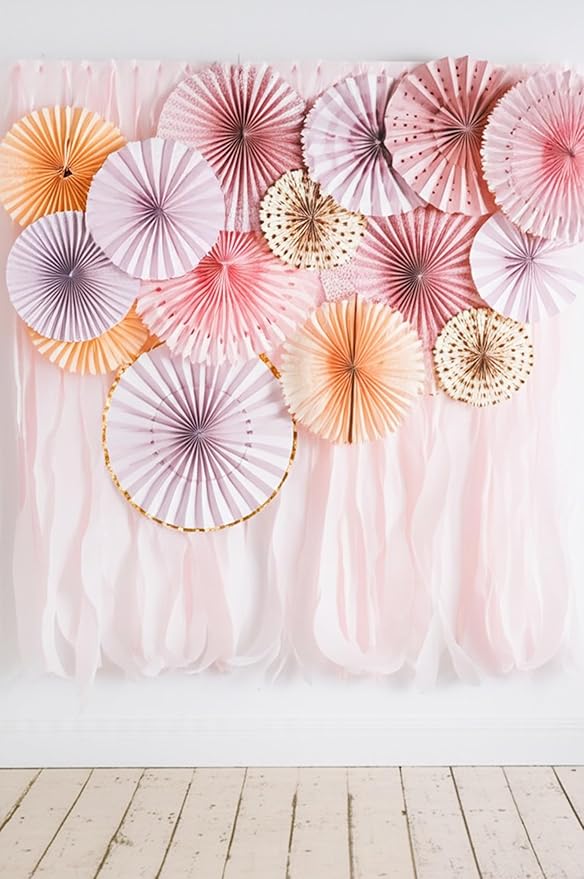 PapaKit Origami Wall Decoration Set (8 Assorted Round Paper Fans) Birthday Party Baby Shower Wedding Events Decor | Creative Art Design Pattern (Sparkling Pink Rose Blush, 8 Piece Set)