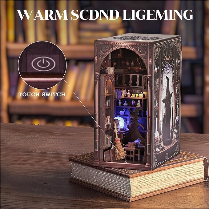 Magic Wizard Cat 3D Book Nook Kit, DIY Miniature House Booknook Dollhouse Kit for Adults and Teens, 3D Wooden Puzzle Bookend Bookshelf Insert Decor, Mini Magic House Model Build Gift