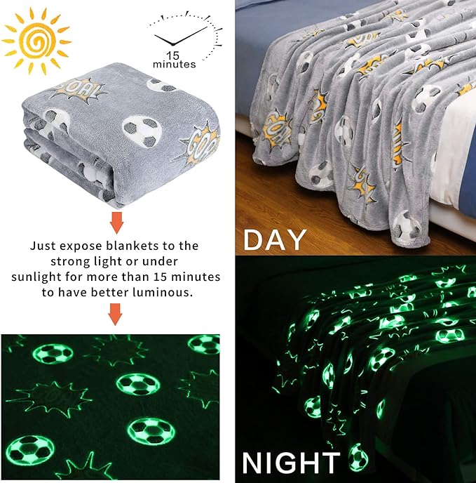 Glow in The Dark Blanket Soccer for Kids Boys Girls Fun Soft Plush Flannel Furry Fluffy Nap Sleep Blanket, Christmas Thanksgiving Birthday Magical Decor Luminous Throw 50"x60"