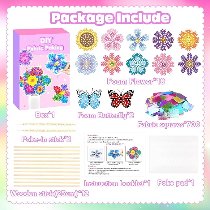 Poke in Fun Art Flower Bouquet Craft Kits for Kids,with 10 Flowers & 2 Butterflies,Arts and Crafts,Mess-Free Craft,DIY Art Activity Birthday Christmas Gifts Ideas for Girls & Boys Ages 4-10+
