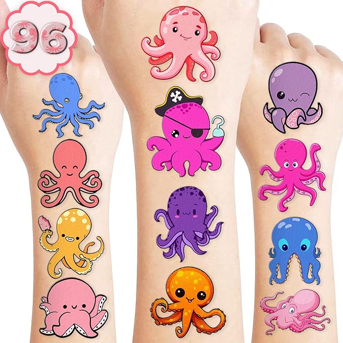 100 PCS Octopus Themed Birthday Party Favors Decorations Supplies Decor Octopus Ocean Under the Sea Animals Temporary Tattoos Stickers for Girls Boys Baby Shower Gifts Student School Prizes Rewards