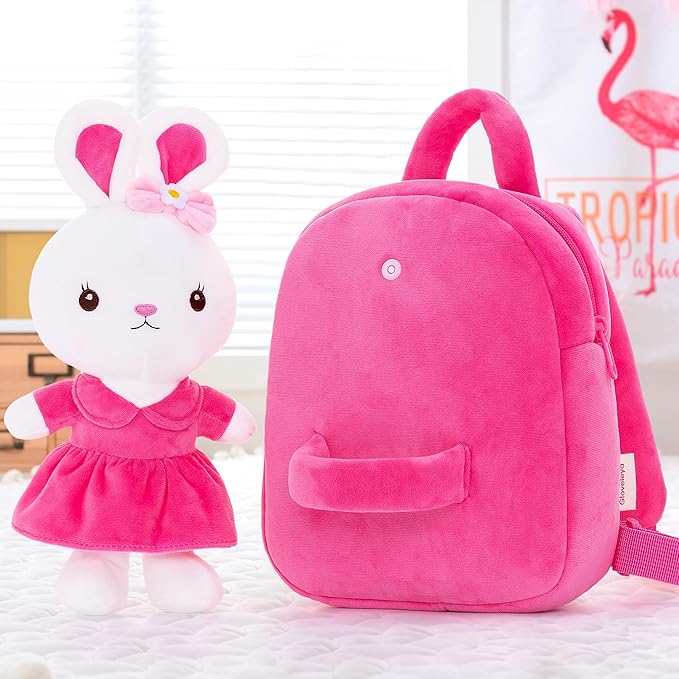 Gloveleya Kids Backpack Girl Backpack Toddler Girl Backpacks with Stuffed Bunny Toy Rose Red 9''