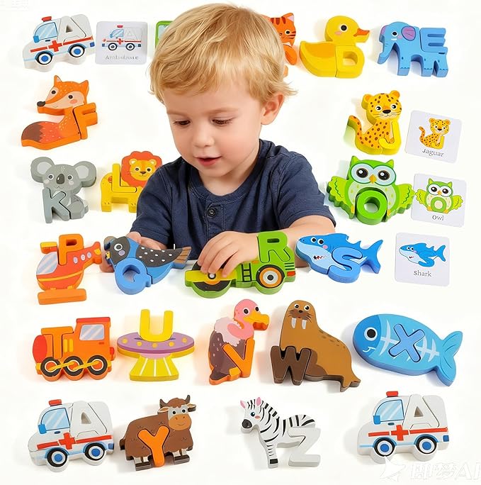 Animal Alphabet Wooden Puzzle - Montessori ABC Learning Toy for Toddlers Ages 3-5, Educational Stacking Blocks with Uppercase Letters - Preschool Learning Activities Toys