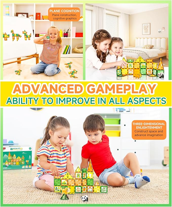 Magnetic Tiles - 47 Pcs Wildlife Building Blocks Set - Sensory Travel Toys for Toddler - STEM Construction Playboards Stacking Toy - DIY Window Art - Birthday Gifts for Boy, Girl