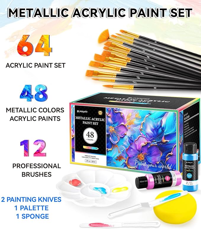 64 PCS Metallic Acrylic Paint Set with 12 Brushes, 2 Knives & Palette, 48 Colors (2oz/60ml) Art Craft Paint for Adults Kids Artists Beginners, Halloween Pumpkin Canvas Ceramic Rock Painting Kit
