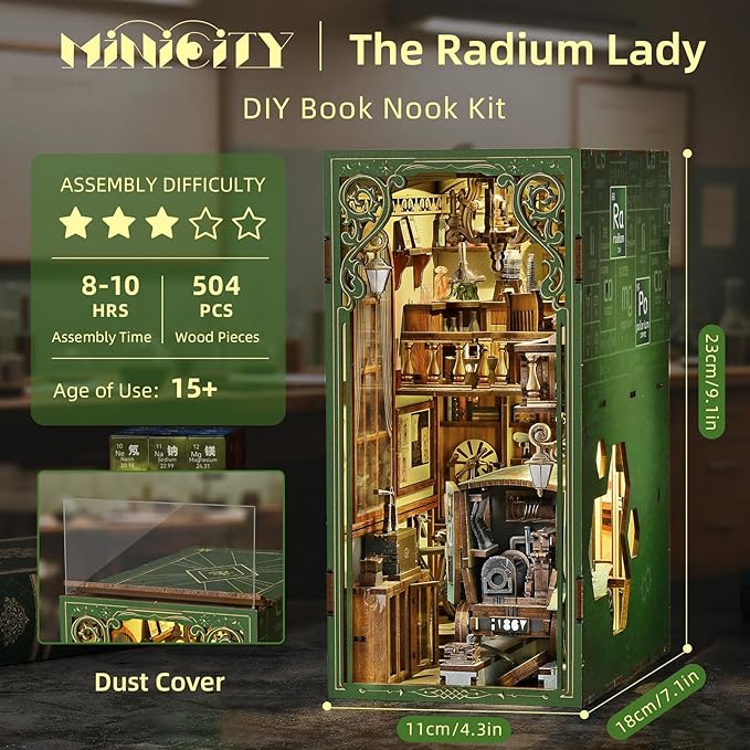 Book Nook Kit, DIY Doll House Booknook, Miniature Kit for Bookshelf Doll Houses for Adults Teen Halloween, 3D Wooden Puzzle Bookends with Led Light and Dust Cover (The Radium Lady)