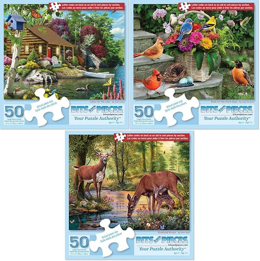 Bits and Pieces – Value Set of 3 Jigsaw Puzzles for Seniors – 50, 100, or 200 Large Piece Puzzles – Nature Scenes – Lettered Back Design – Each Puzzle Measures 15” x 19” (Three 50 Piece Puzzles)