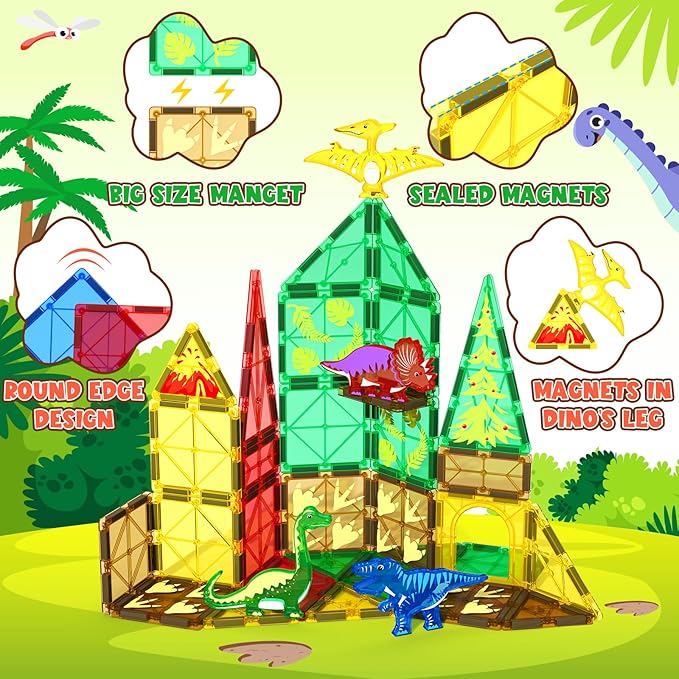 Coodoo Dinosaur Toys Magnetic Tiles Jungle Dinosaur World Starter Set - Kids Games Boys Ages 3-5 4-6 Girls STEM Magnetic Blocks Preschool Sensory Creative Toddlers Kids Toys