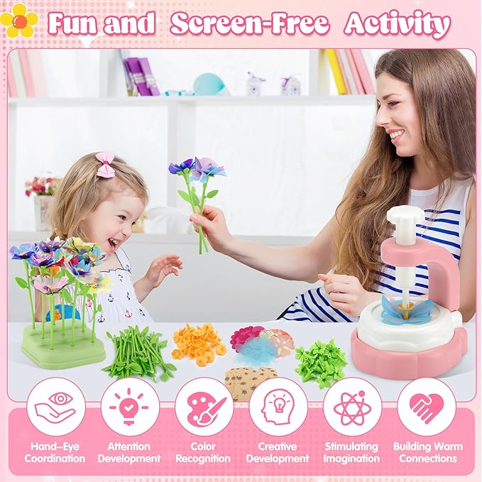 Hunfur DIY Fabric Flower Bouquet Craft Kit for Girls Ages 3-5 4-8,Build Your Own Flower Making Kit Toy,Arts and Crafts for Kids 3 4 5 6 7 8 Year Old Birthday Gift, Preschool Educational Activity