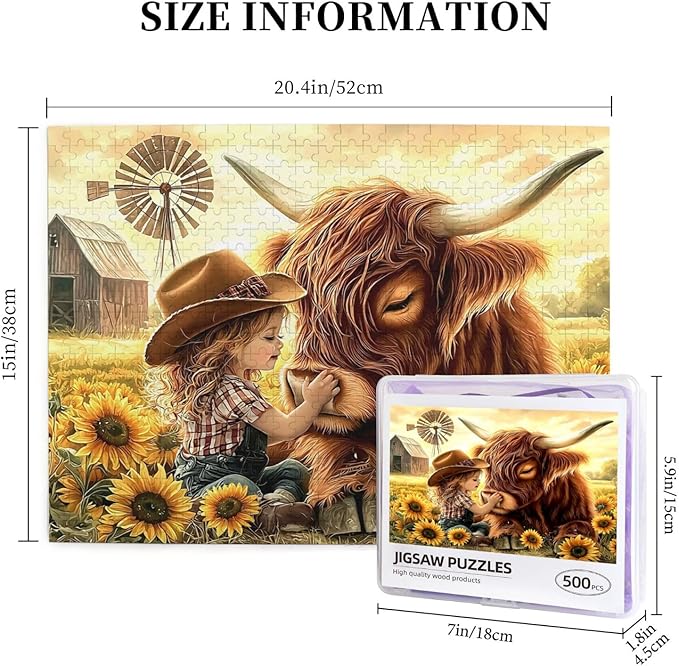 Cute Girl Highland Cattle Jigsaw Puzzle 500 Piece, Sunflower Jigsaw Puzzles,Flowers Puzzle Nature Animal Flower Painting Jigsaw Puzzles 500 Piece,Birthday Gifts for Adults and Family Game