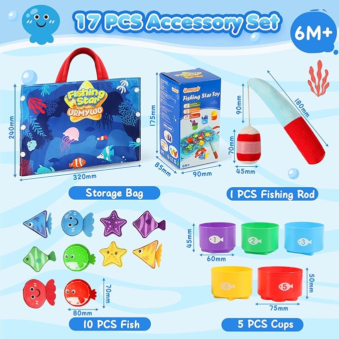 Montessori Toys for 1 Year Old - 17 in 1 Cloth Toddler Fishing Game with Stacking Cups Color Sorting, Baby Toy 12-18 Months One Year Old Boy Birthday Gift, Toddler Toys for 1 2 Year Old Boy Girl Gifts