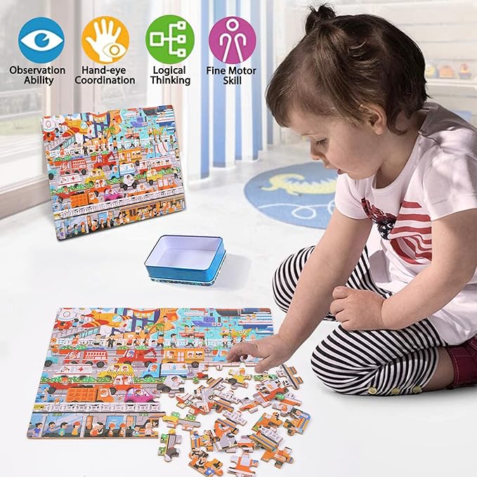 LELEMON Puzzles for Kids Ages 4-8,Communications 100 Piece Puzzles for Kids,Educational Kids Puzzles Ages 6-8 Jigsaw Puzzles in a Metal Box,Cool Puzzles Toys Puzzle Games for Girls and Boys