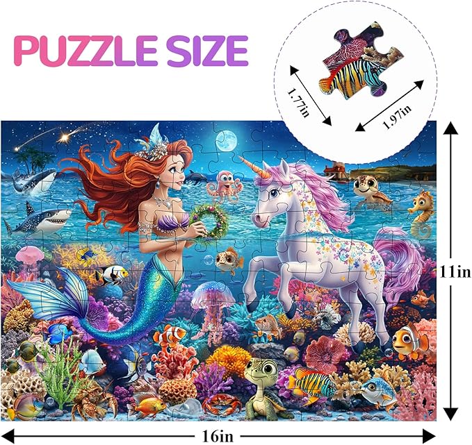 100 Piece Puzzles for Kids Ages 4-6-8, Mermaid and Unicorn Puzzles 100 Pieces for Kids, Underwater Scene Jigsaw Puzzle for Children Learning Educational Toys Gifts for Girls Boys