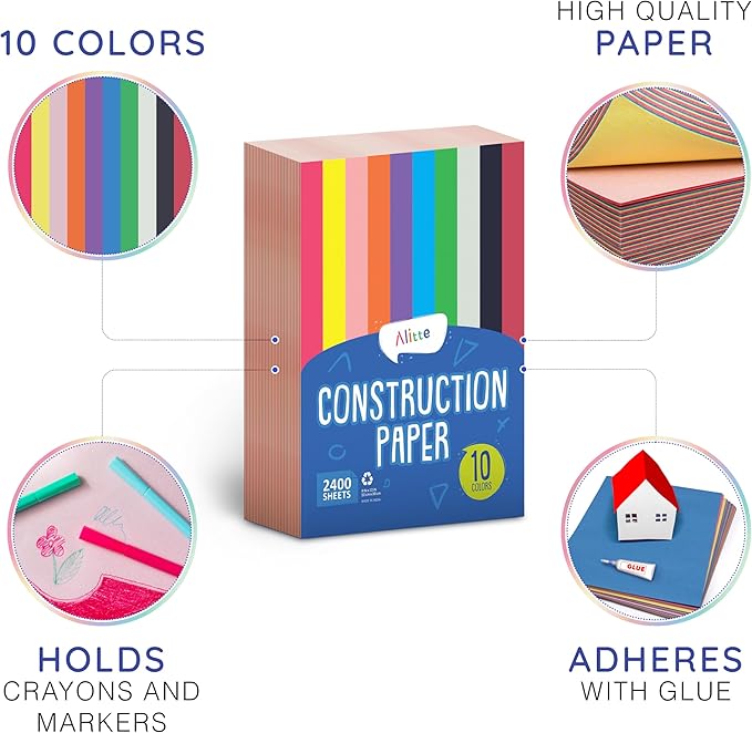 Alitte Construction Paper Assorted Colors - (2400 Sheets, 9x12), Craft Paper, 10 Bright Colors - Bulk Pack Arts & Crafts Projects - Colored Paper For Preschool, Home, And Classroom Supplies