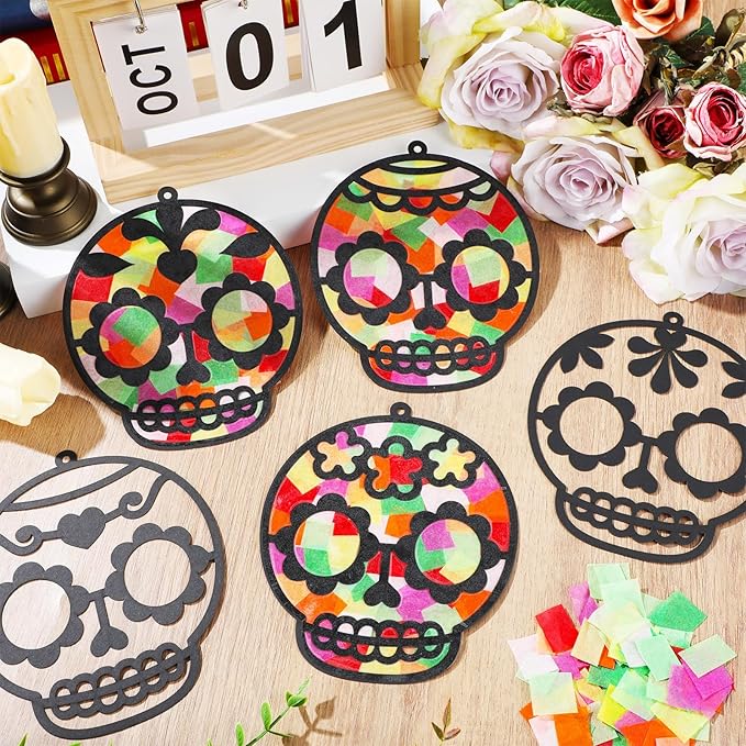 Qyeahkj 36 Set Day of The Dead Suncatchers Crafts for Kids DIY Skull Window Tissue Paper Craft Kit Hanging Decor for Mexico Home Activity Art Project Birthday Party Favor Gift