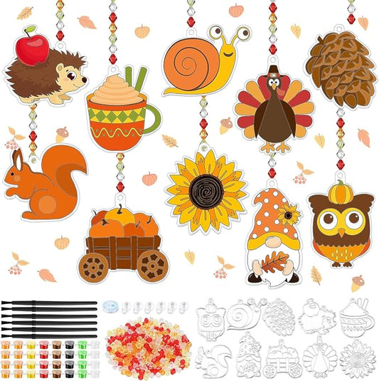 Yaomiao 30 Sets Fall Thanksgiving Suncatchers Art Kits DIY Turkey Squirrel Drawing Crafts Bulk Paint Your Own Window Ornaments for Boys Girls Home Class Birthday Autumn Party Favors Gifts