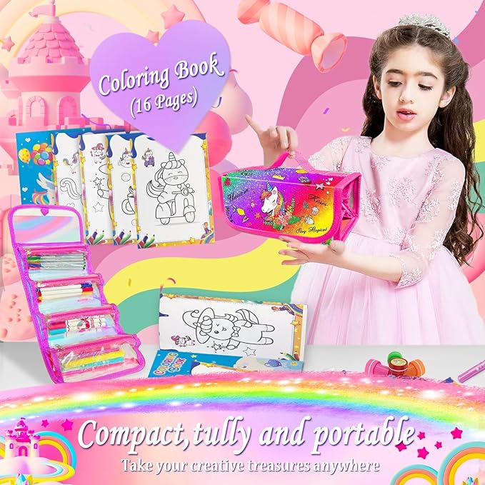 weirtoya 56 PCS Washable Scented Markers Set with Glitter Pencil Case, Mermaid Unicorn Arts and Crafts for kids 4-6-8 Kids Coloring Drawing Kits for 4-8 Years Old Girls Birthday Gifts