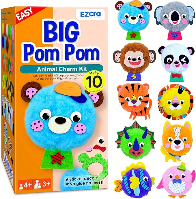 EZCRA Big Pom Pom Animal Craft Kit for Kids Ages 4-6 - DIY Pom Pom Crafts for Girls Boys Toddlers - Make 10 Plush Animals - Mess Free Arts and Crafts Kit