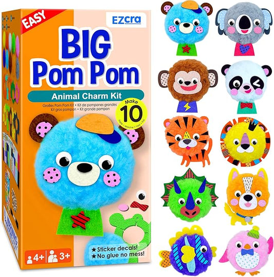 EZCRA Big Pom Pom Animal Craft Kit for Kids Ages 4-6 - DIY Pom Pom Crafts for Girls Boys Toddlers - Make 10 Plush Animals - Mess Free Arts and Crafts Kit