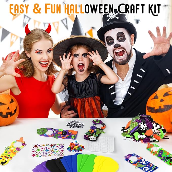 24 Set Halloween Craft Kits for Kids, DIY Halloween Doorknob Hanger Decorations Fall Arts & Crafts Supplies, Halloween Pumpkin Bat Ghost Monster Foam Stickers for Classroom Party Favors Activities