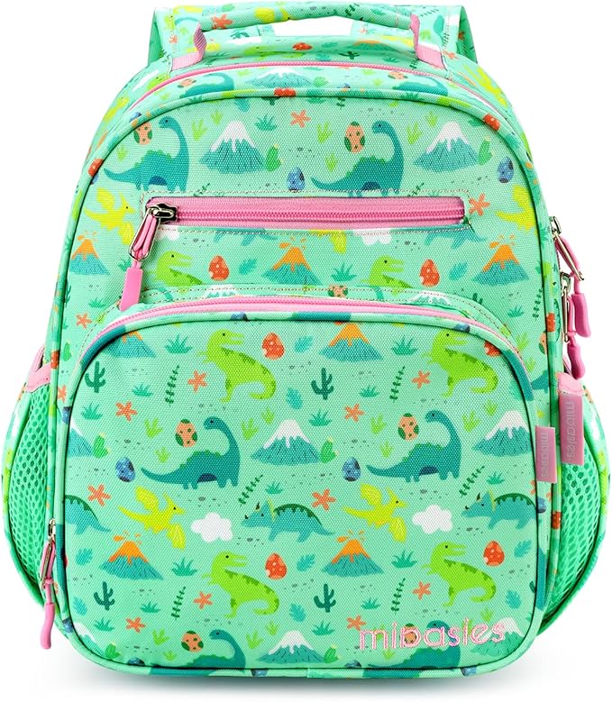 mibasies Toddler Backpack for Girls 2-4: Cute Kids Backpacks for Girls - Preschool Kindergarten Backpack - Dinosaur Forest Light Green