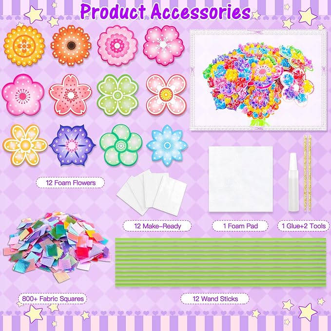 RIEYON Poke Poke Art - Flower Bouquet Kits for Kids, 12 Flowers Art and Craft DIY Creative Activity Crafts Kits, Mess-Free Fun for Kids, Birthday Christmas Gifts for Girls & Boys Ages 5, 6, 7, 8, 9,10