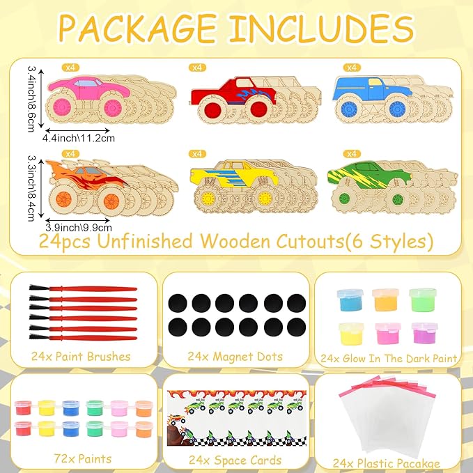 LARDUX Monster Truck Party Favors, 24PCS DIY Wooden Arts & Crafts Painting Kit for Kids, Glow in The Dark Party Favors Family Crafts Birthday Party Christmas Gifts Toys for Boys Girls