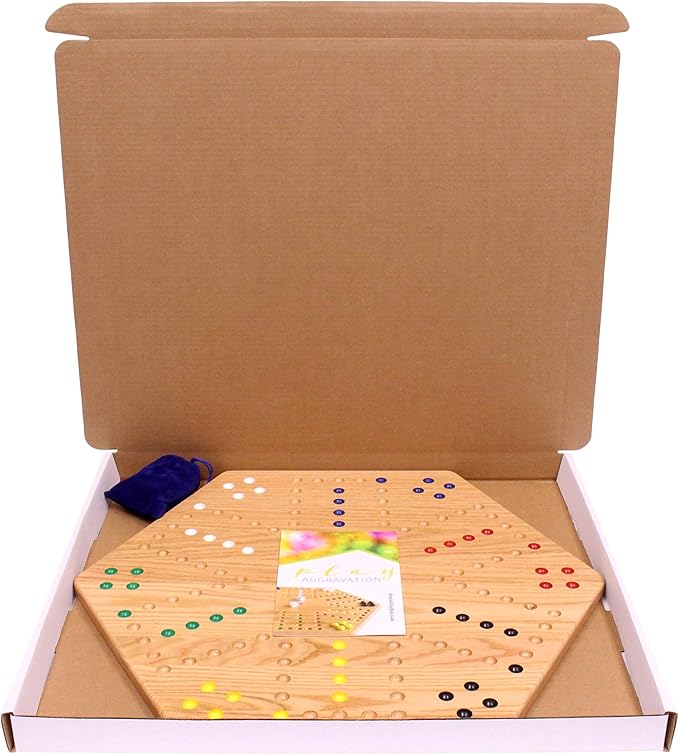 AmishToyBox.com Wahoo Wooden Marble Game Board Set - Large 24" Wide - Solid Oak Wood - Double-Sided - with Large 22mm Marbles and Dice Included
