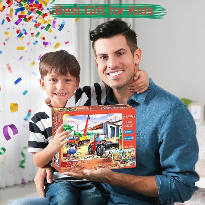 Puzzles for Kids Ages 4-6 – 2x60 Pieces Jigsaw Puzzles for Toddlers 3-5,6-8,Fun Bulldozer & Truck Toys,2 in 1 Pack Educational Construction Site Games for Boy & Girl