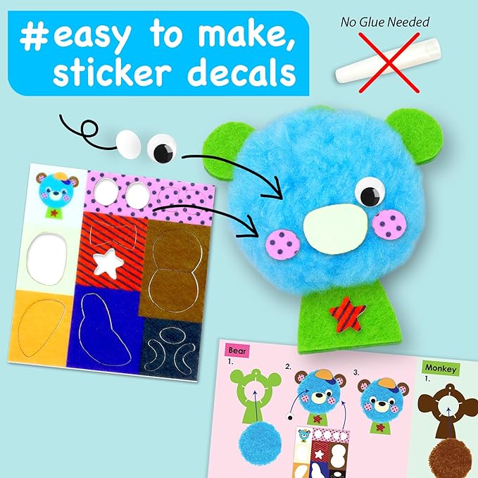 EZCRA Big Pom Pom Animal Craft Kit for Kids Ages 4-6 - DIY Pom Pom Crafts for Girls Boys Toddlers - Make 10 Plush Animals - Mess Free Arts and Crafts Kit
