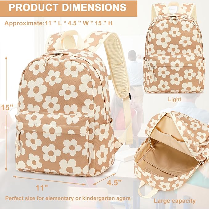 LEDAOU Kids School Backpack with Lunch Box for Boy Girl Toddler BookBag School Bag Preschool Kindergarten Backpack (Flower Brown)