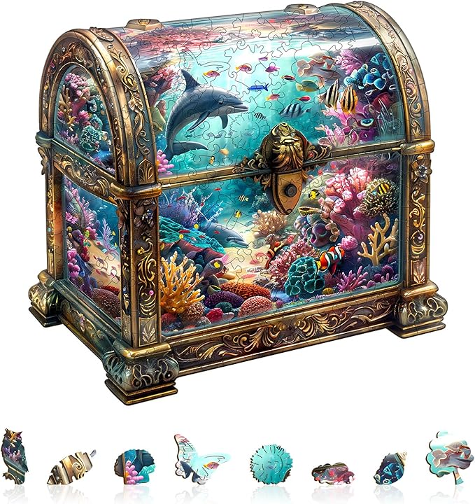 Wooden Puzzles for Adults, Treasure Chest Ocean Wooden Jigsaw Puzzle Unique Shape Animal Wood Puzzles Adult 3D Visual Effect, Birthday Gifts for Puzzle Lovers Family Games (L-13.4 * 12.9in-260pcs)