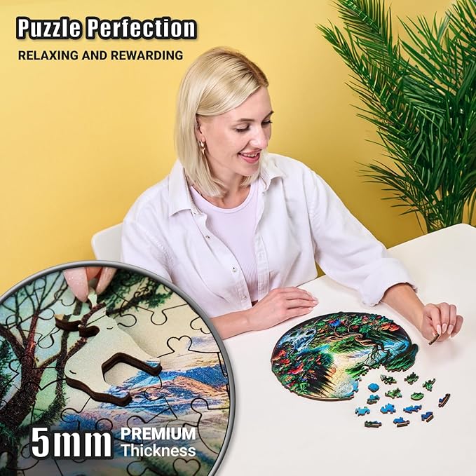 LEOGOR Wooden Jigsaw Puzzles for Adults (11.5 × 11.2 in), 200 Piece Round Landscape Puzzle, Extra-Thick 5 mm Wood, Unique Nature Shapes, Beautiful and Challenging Gift for Adults