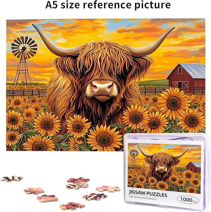 Beautiful Sunflower Highland Cow Jigsaw Puzzle 1000 Piece for Adult, Sunflower Jigsaw Puzzles Flowers Puzzle Nature Animal Flower Painting Jigsaw Puzzles Birthday Gifts for Adults and Family Game